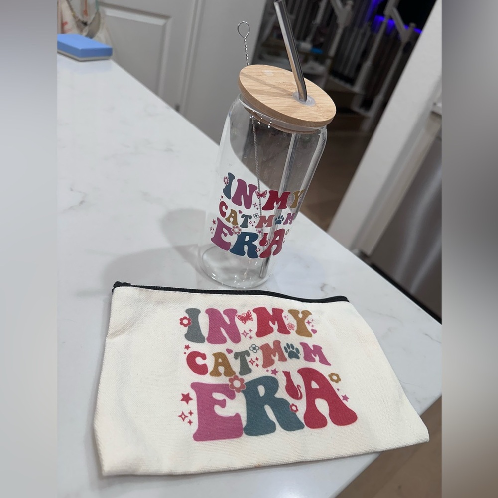 Cat Mom Era Glass Water Bottle with Straw & Matching Canvas Pouch